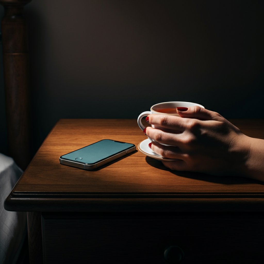 A side-lit shot of a woman's hand holding a cup of tea, with a phone resting beside it on a wooden nightstand.