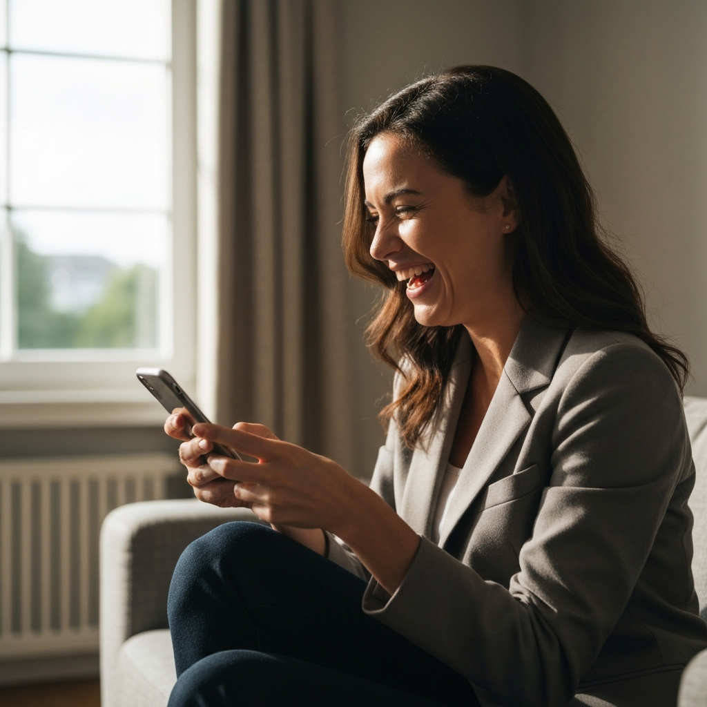 A woman laughing while reading a text message on her phone in a brightly lit living room with sunlight streaming through the window.