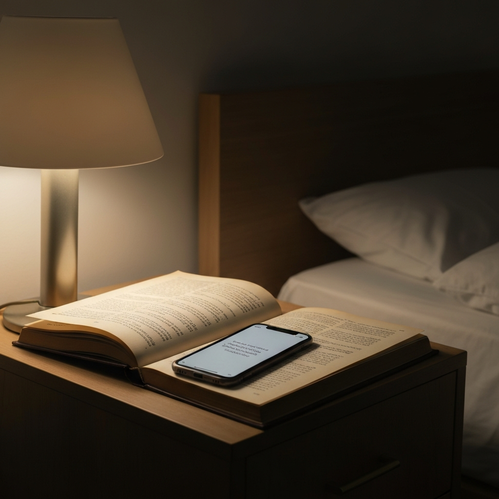 A vintage book lying open on a bedside table, illuminated by a soft lamp. A phone displaying a quote is resting on the book.