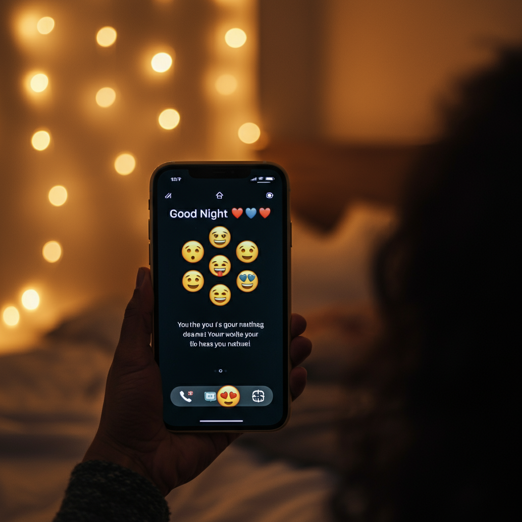 A phone screen displaying a good night message with strategically placed emojis, surrounded by a soft, blurry background of a cozy bedroom.