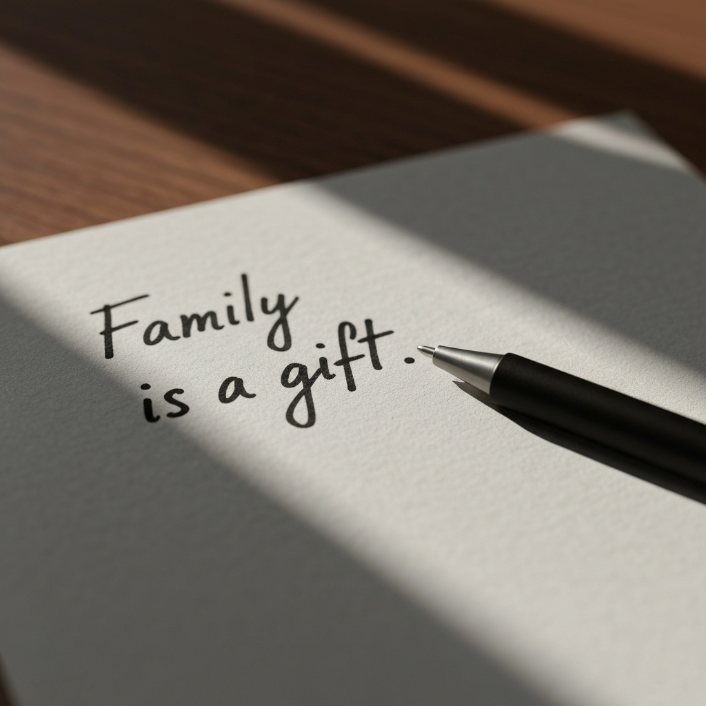 A close-up shot of a handwritten note on textured paper. The note reads, "Family is a gift." The pen rests nearby, suggesting it was just written. Natural light illuminates the paper, highlighting the texture.