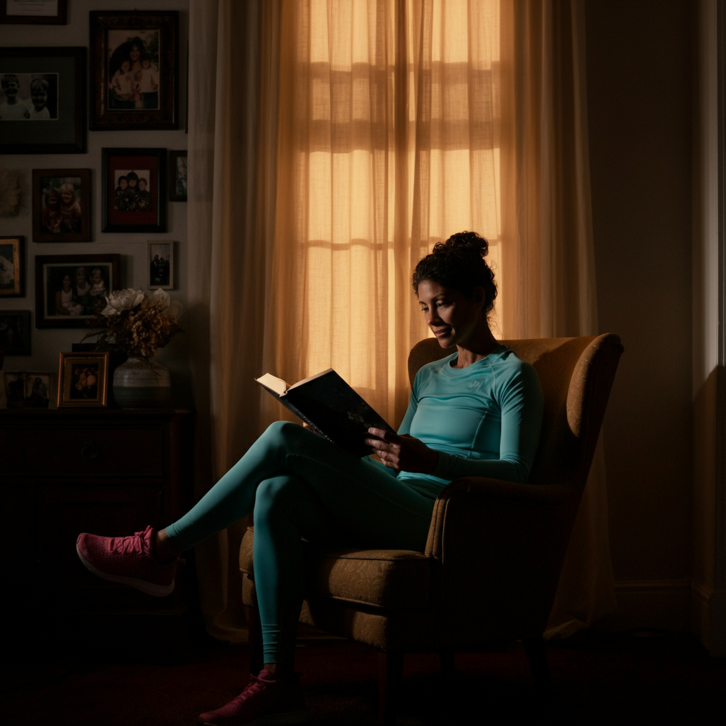 A dimly lit room, with soft, diffused light coming through a sheer curtain. A woman sits in a comfortable armchair, reading a book with a serene expression. The room is decorated with family photos, creating a sense of warmth and nostalgia.