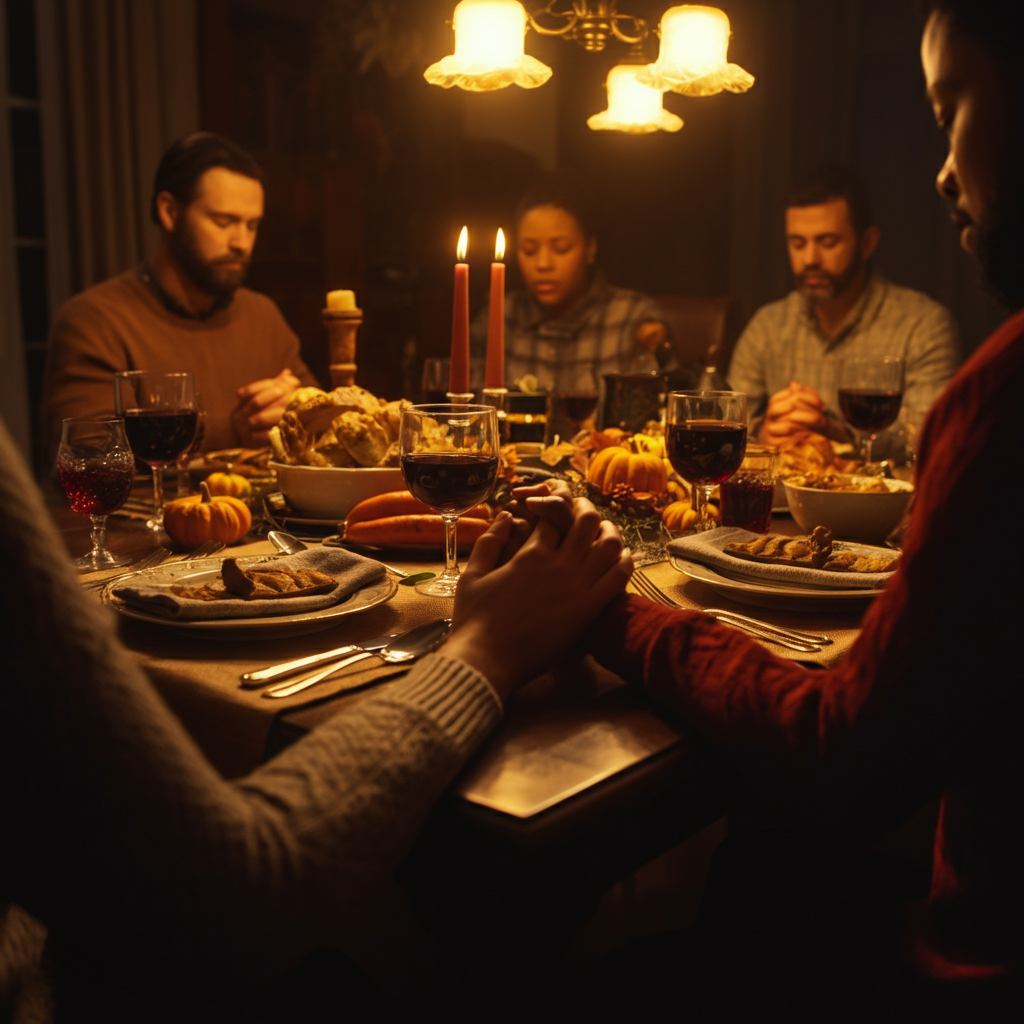 A dining table set for a Thanksgiving dinner. The table is laden with food, and a family gathers around it, hands clasped in prayer. The lighting is warm and inviting, creating a sense of togetherness and gratitude.