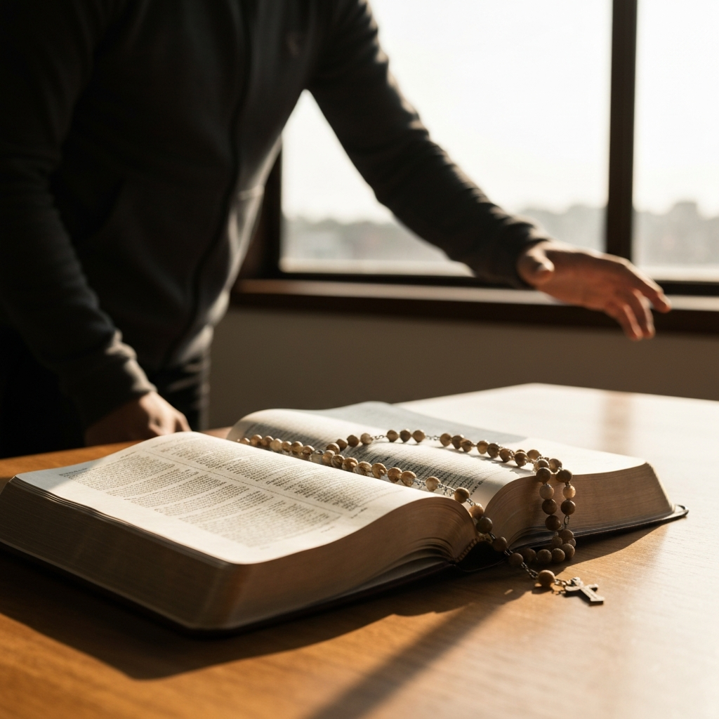 An open Bible resting on a wooden table. Sunlight streams through a nearby window, illuminating the pages. A rosary is draped gently over the Bible, adding a touch of reverence.