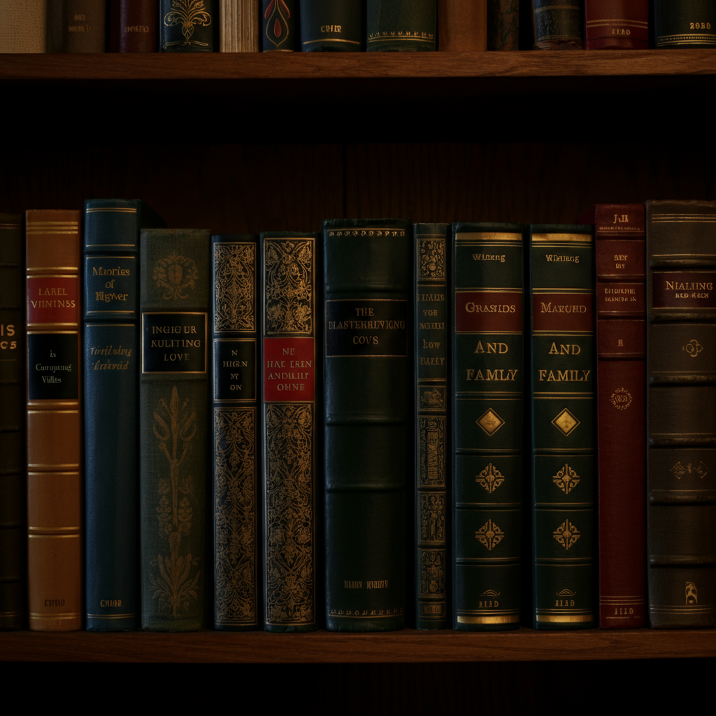 A bookshelf filled with classic literature. Titles include works by famous authors known for their insights on family and love. The lighting is warm and inviting, creating a sense of intellectual curiosity.