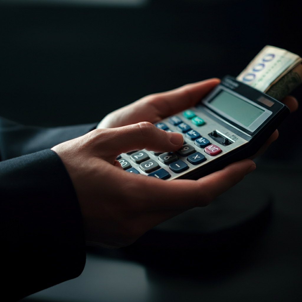 A close-up shot of a hand holding a calculator, with a grooming bill subtly visible in the background, bathed in soft, natural light.