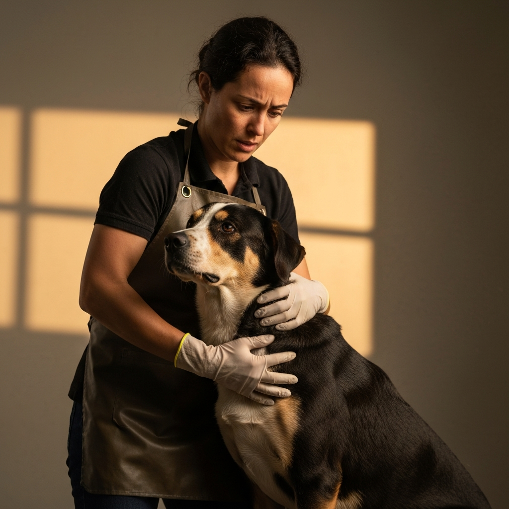A groomer wearing protective gloves and an apron, cautiously handling a large dog with a worried expression. The scene is lit with bright, even lighting to show the interaction.
