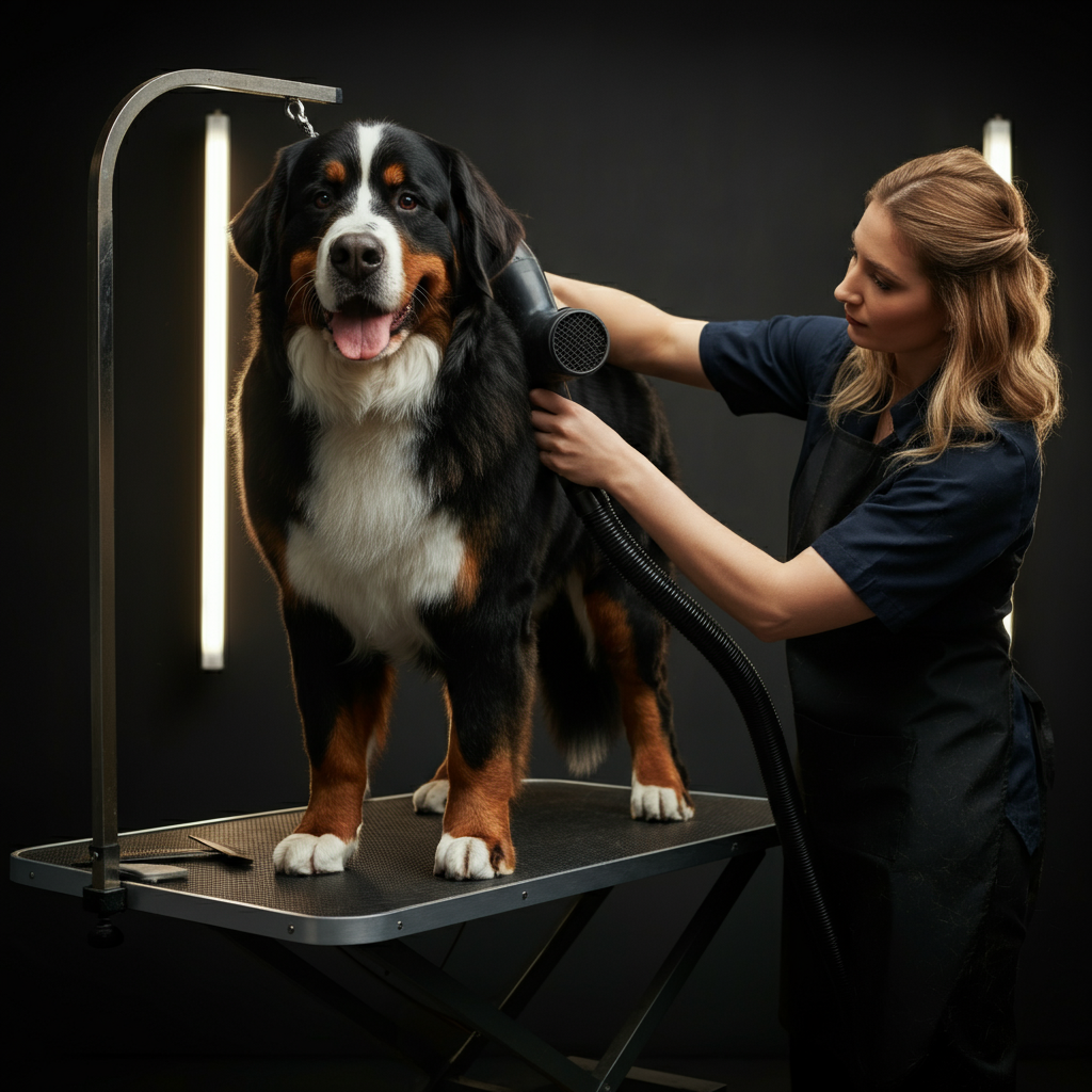A wide shot of a large dog, like a Bernese Mountain Dog, standing patiently on a grooming table. The groomer is using a high-velocity dryer to fluff the dog's coat, with golden hour lighting creating a warm, inviting atmosphere.