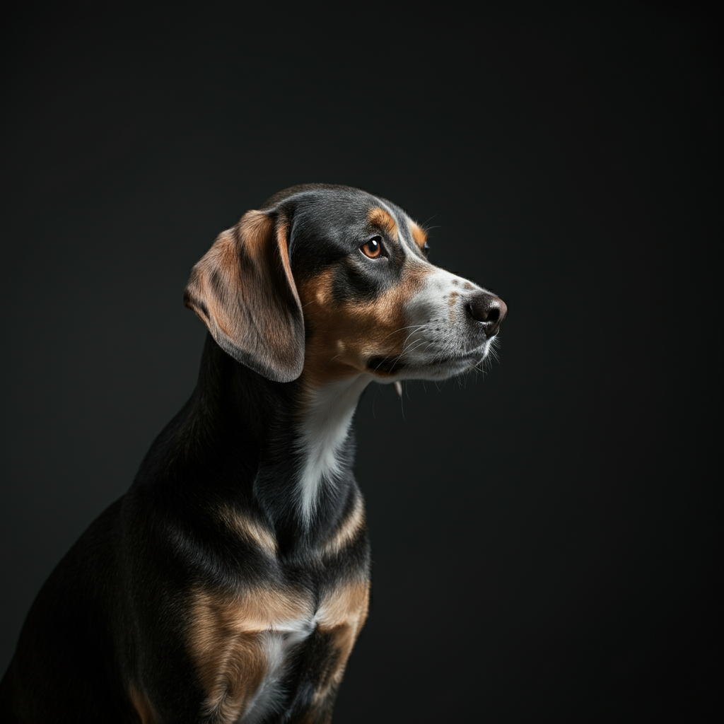A slightly blurry shot of a dog with a noticeably uneven haircut, side-lit to highlight the imperfections in the trim. The lighting is slightly harsh to convey the poor grooming quality.