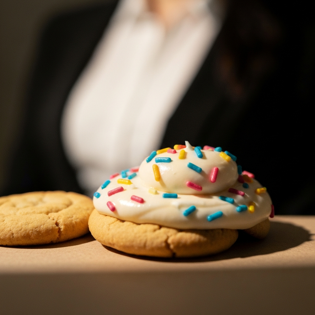 A close-up shot of a Dunkaroos package with the cookies and frosting dip in focus. Soft, diffused lighting emphasizes the colorful sprinkles and creamy texture of the frosting. The background is slightly blurred to create a shallow depth of field.