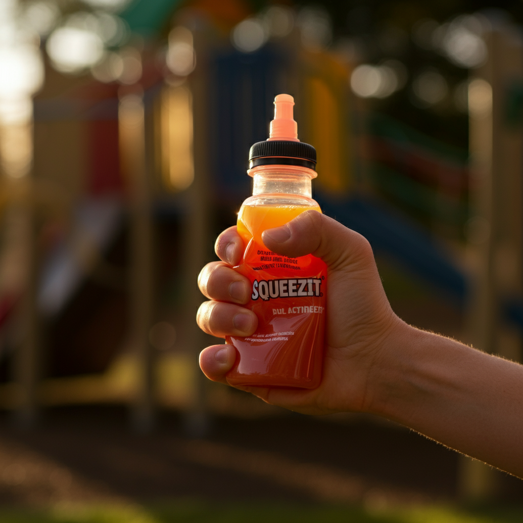 A close-up shot of a hand squeezing a Squeezit bottle. The juice inside is brightly colored, and the bottle is slightly crumpled from the pressure. The background is a blurred image of a sunny playground.
