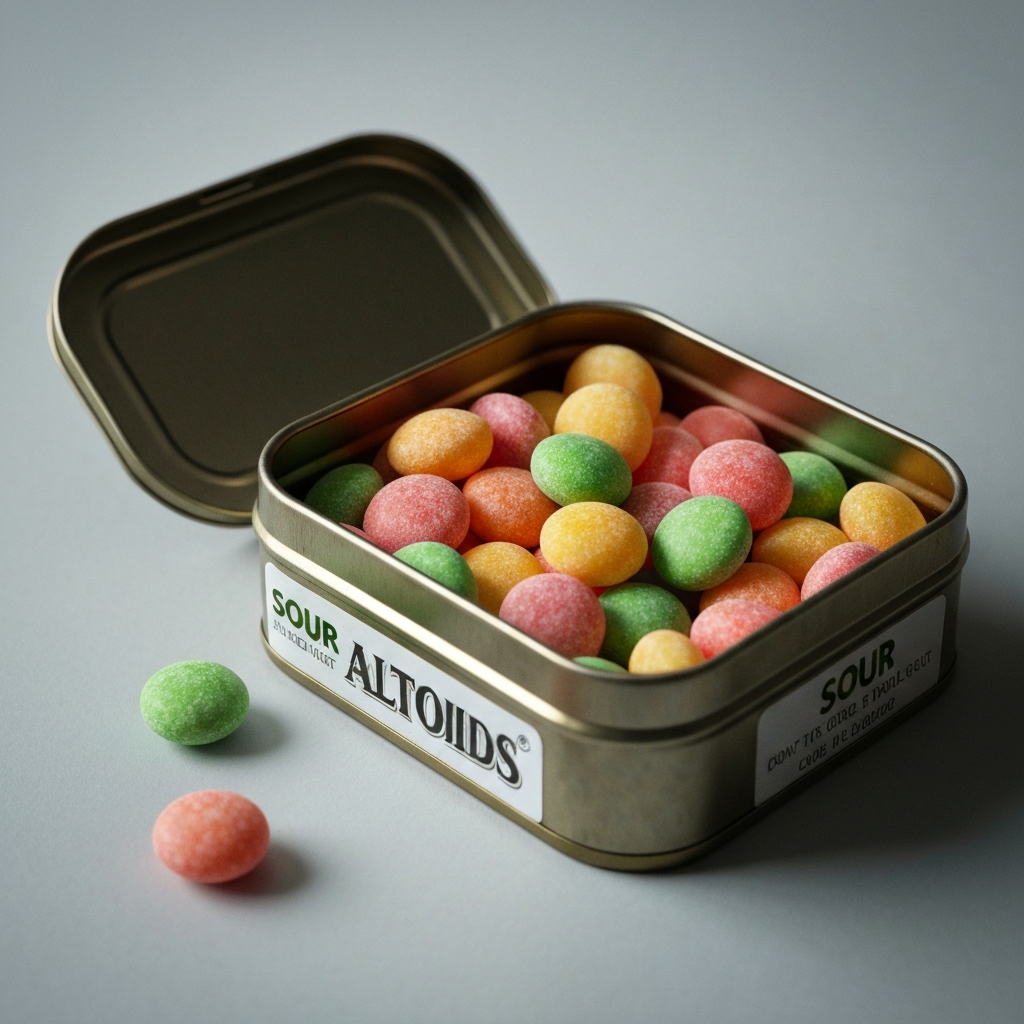 A close-up shot of an open Altoids tin filled with Sour Altoids. The candies are brightly colored, and the tin is slightly worn, suggesting age and authenticity. The lighting is soft and even, showcasing the texture of the candies.