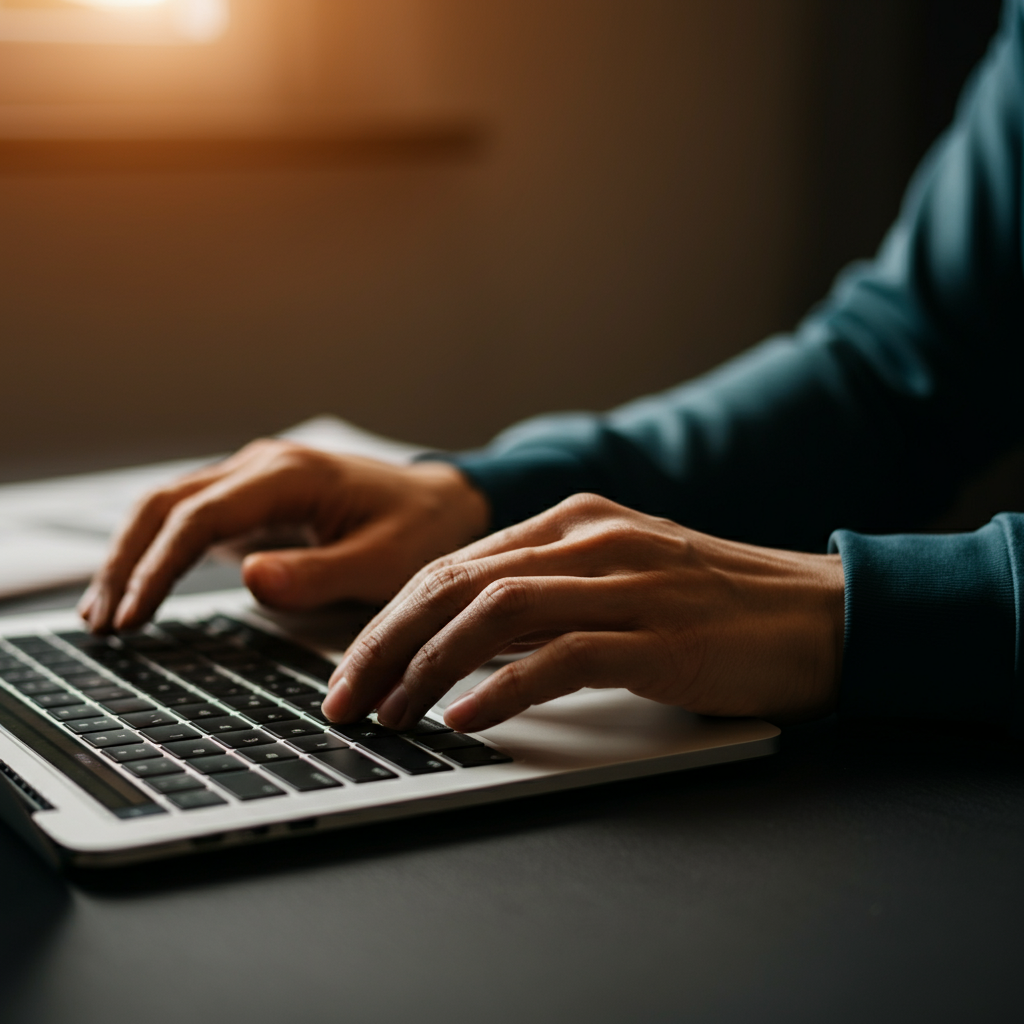 Close-up of a person's hands typing on a laptop, with a spreadsheet visible on the screen. The lighting is focused on the hands and keyboard, creating a sense of productivity. The background is blurred, but suggests a modern office environment.