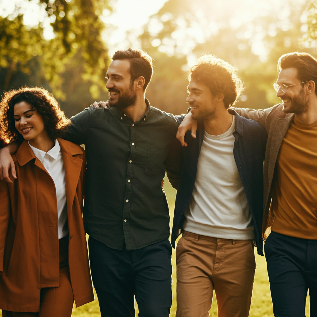 A group of friends walking together in a park, smiling and talking. The golden hour lighting creates a warm and inviting atmosphere. The focus is on their faces and body language, conveying a sense of camaraderie and support.