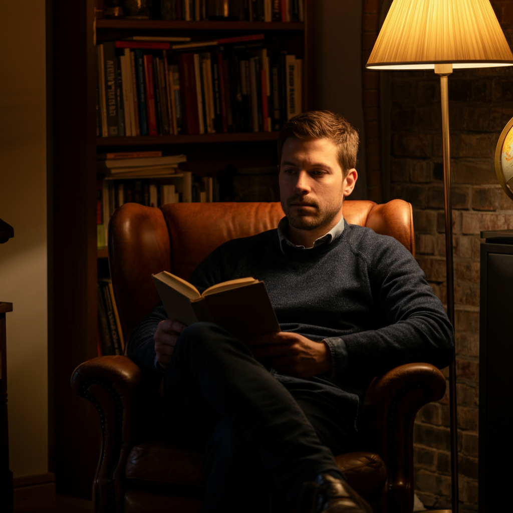 A man sits comfortably in a leather armchair, bathed in the warm light of a floor lamp. He's holding a well-worn hardcover book, his expression thoughtful. Soft bokeh highlights the details of the room – a bookshelf filled with various titles, a globe, and a partially visible fireplace.
