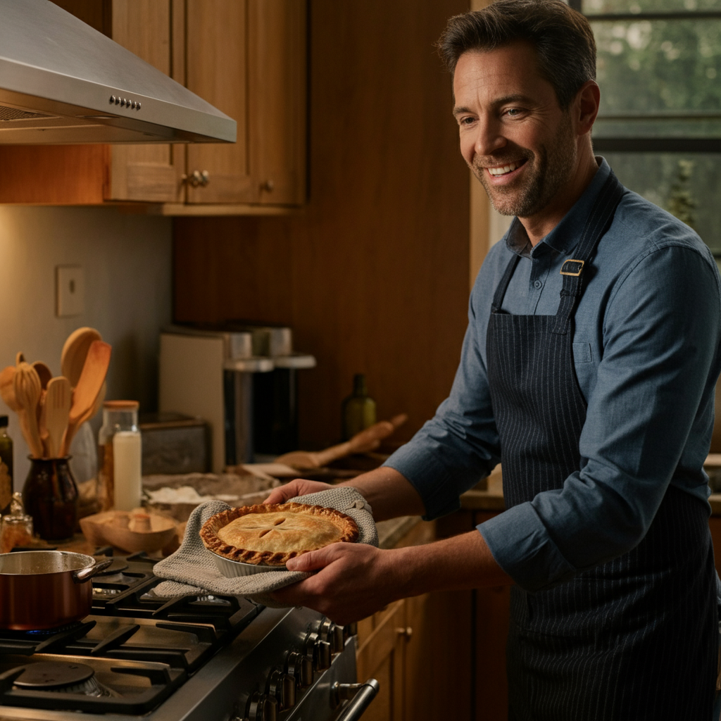 A man is in a well-lit kitchen, smiling as he pulls a freshly baked pie from the oven. The pie crust is golden brown and flaky. The kitchen is clean and organized, with various cooking utensils and ingredients visible in the background.