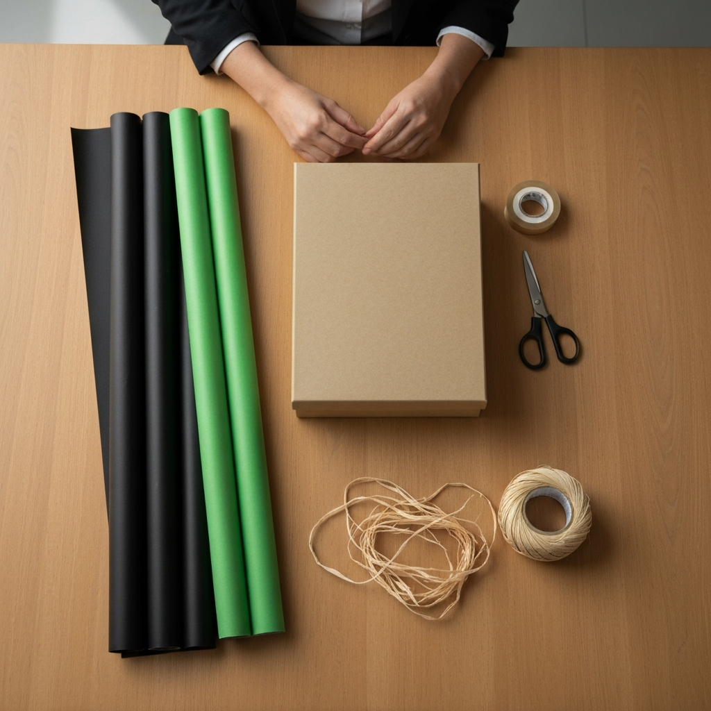 Overhead shot of a clean wooden table. A rectangular gift box sits next to neatly stacked rolls of black, green and red wrapping paper, a pair of scissors, a roll of clear tape, and a bundle of natural raffia. Soft, diffused lighting.