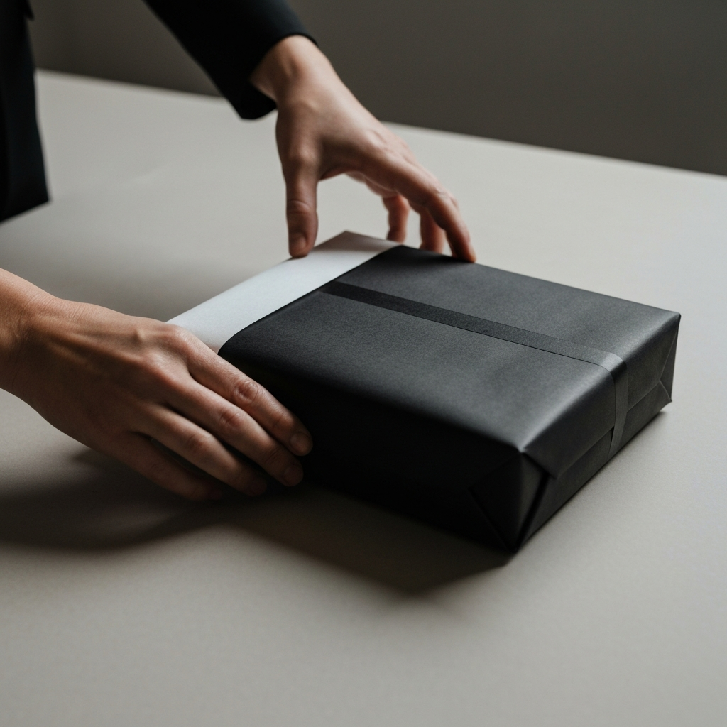 Hands wrapping a rectangular gift box with black wrapping paper on a flat surface. The lighting is focused on the hands and the box, creating a soft, intimate atmosphere. A partially wrapped box is visible, showing the clean folds and taped edges.