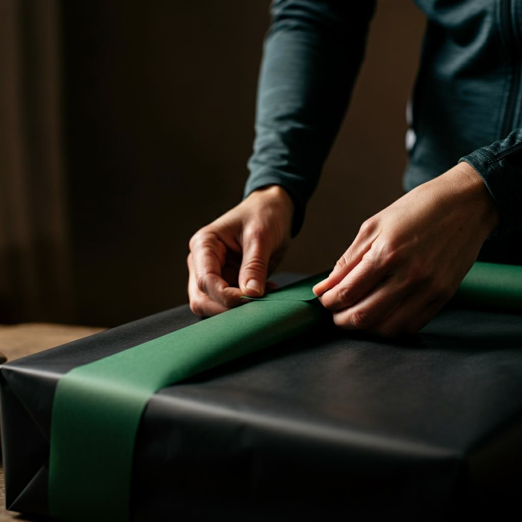Close-up of hands securing a strip of green paper around a black-wrapped gift box. The green paper has a textured, natural look. Soft, side-lit shadows emphasize the paper's texture.