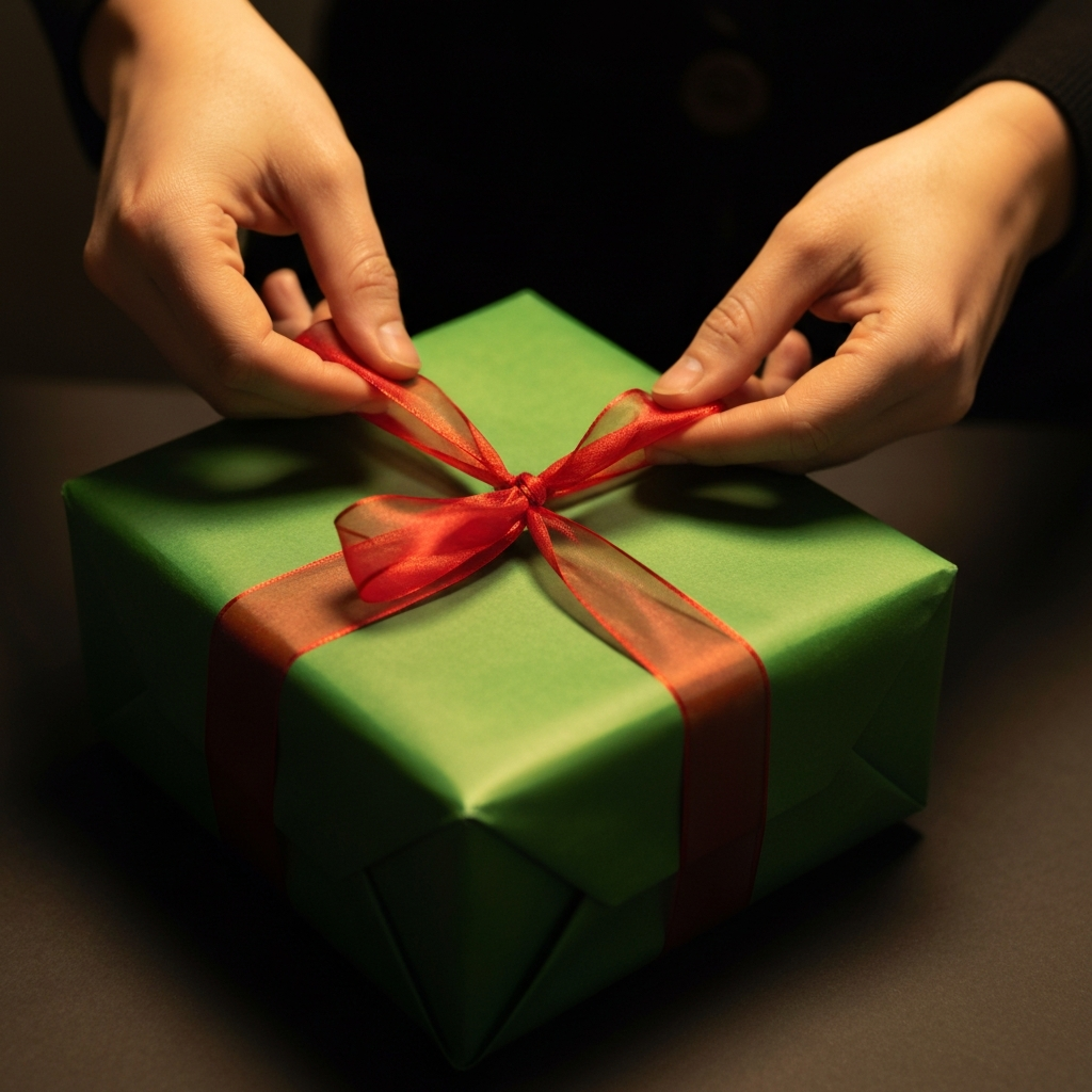 Hands tying a red ribbon around a green and black wrapped gift box. The red ribbon is slightly sheer, allowing some of the green paper underneath to show through. The lighting is warm and inviting.