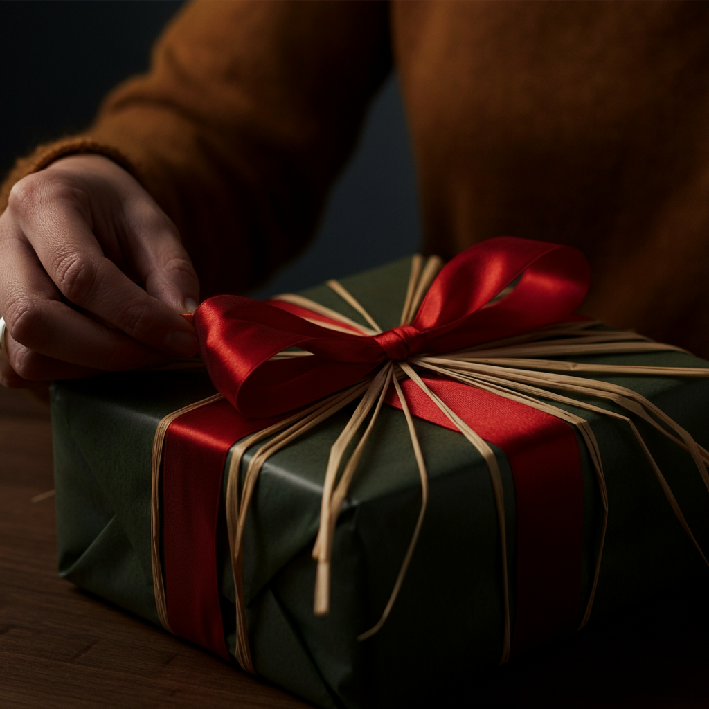 A close-up shot of a hand carefully arranging raffia around the base of a red ribbon bow on a wrapped gift. The raffia is light brown, contrasting beautifully with the red and green. Golden hour lighting creates a warm glow.