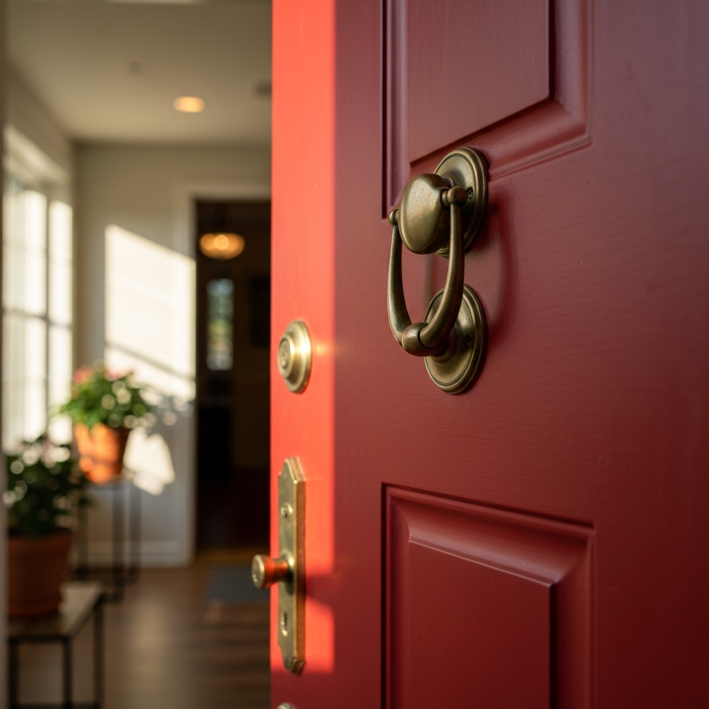 A close-up of a red front door with a brass knocker. Soft, diffused sunlight creates a warm glow. The door is slightly ajar, revealing a glimpse of a well-lit entryway with potted plants.