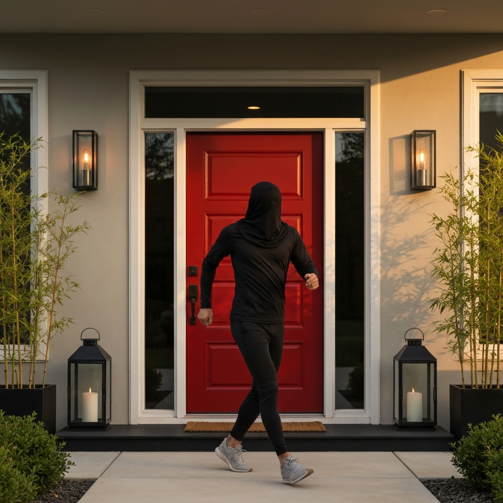 A modern home with a glossy red front door. Lanterns flank the door, casting a warm light. Bamboo plants are arranged symmetrically on either side of the entrance.