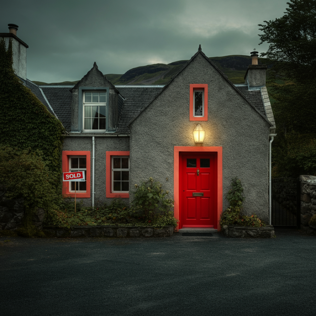 A quaint Scottish cottage with a bright red door. Rolling green hills are visible in the background. The sky is slightly overcast, creating a soft, even light. A "Sold" sign is subtly placed in the front yard.