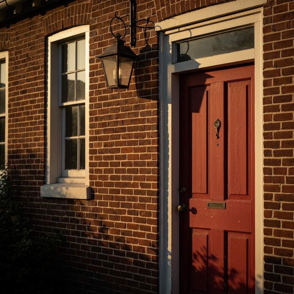 A historic brick house with a weathered red door. Soft, golden hour lighting illuminates the scene. A vintage lantern hangs beside the door, casting long shadows.