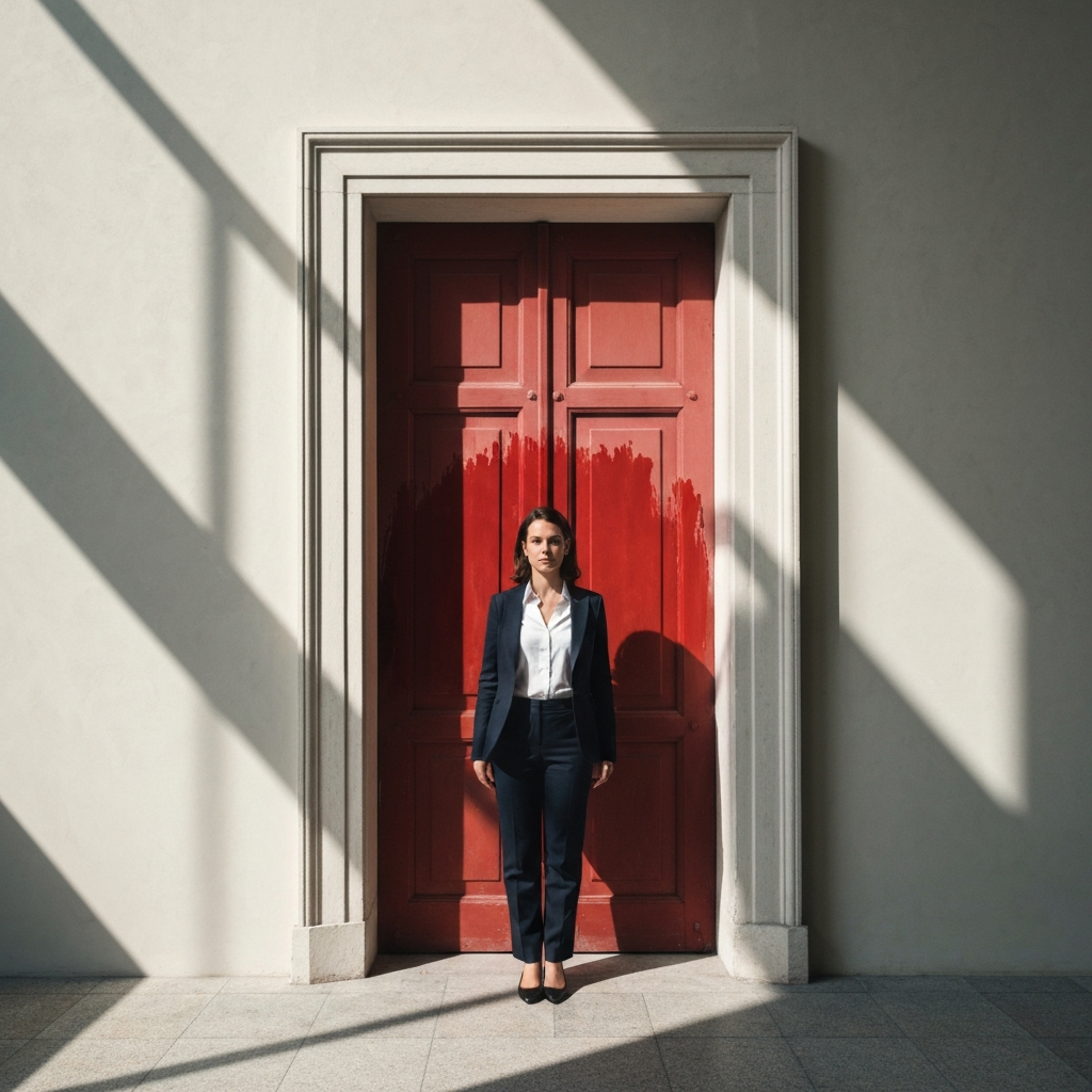 A minimalist depiction of an ancient door with red paint smeared around the frame. Low-key lighting creates a sense of mystery and reverence.