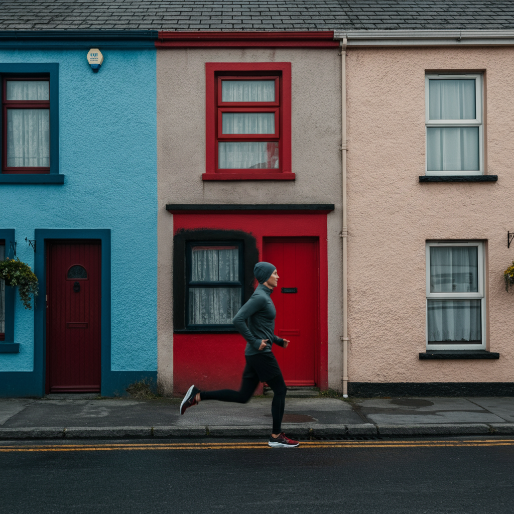 A row of colorful houses in a small Irish village. One house stands out with a vibrant red door. The scene is brightly lit, conveying a sense of joy and resilience.