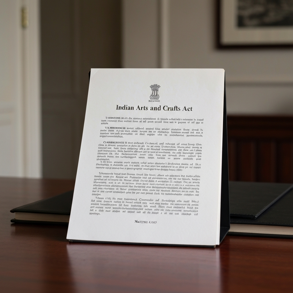 A medium shot of a government document with the heading "Indian Arts and Crafts Act" displayed on a mahogany desk. The lighting is professional and emphasizes the texture of the paper.