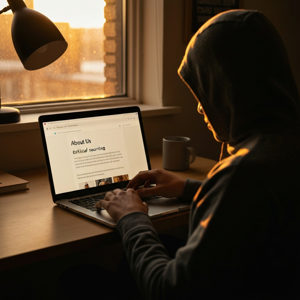 A person sitting at a laptop, illuminated by the screen's glow in a cozy office setting. The laptop displays a company's "About Us" page, highlighting their commitment to ethical sourcing and community support. Golden hour lighting filters through a window.
