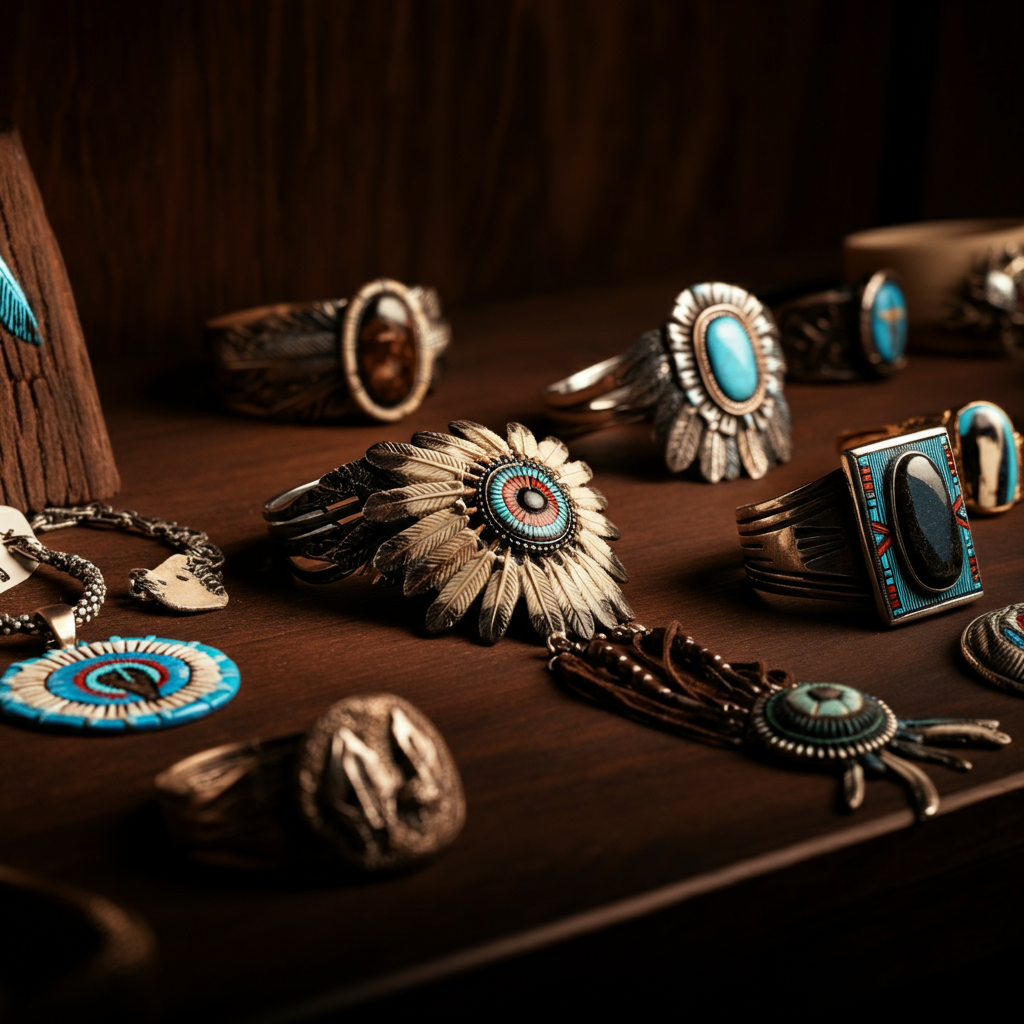 A close-up shot of a brightly lit retail display shelf filled with mass-produced imitation Native American jewelry and trinkets. The shot focuses on the cheap materials and lack of detail in the items.