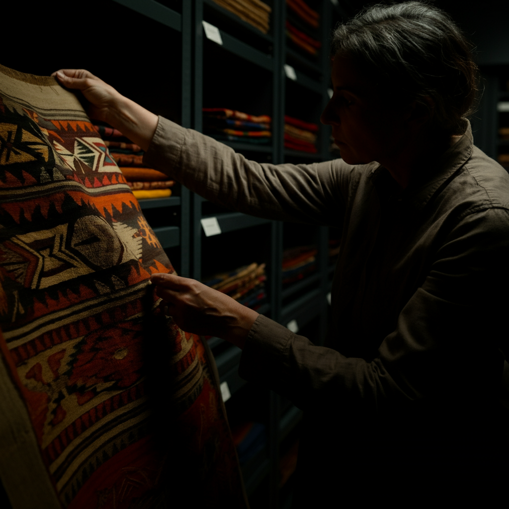 A person carefully examining a vintage textile with Native American-inspired patterns in a museum archive. The room is dimly lit to protect the artifacts, and the focus is on the intricate details of the weaving.