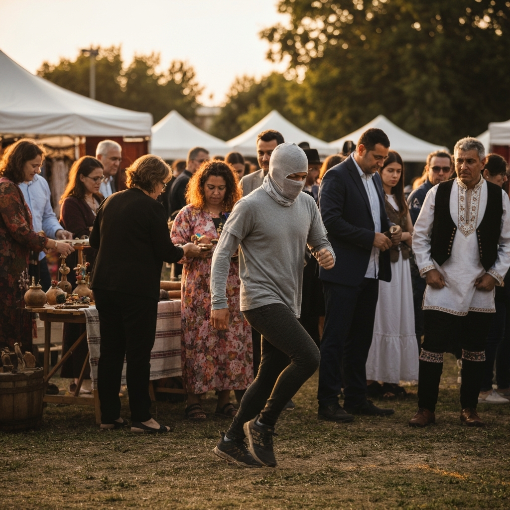 A diverse group of people gathered at an outdoor cultural festival, showcasing traditional crafts and clothing. The atmosphere is vibrant and respectful, with individuals of different backgrounds engaging in cultural exchange.