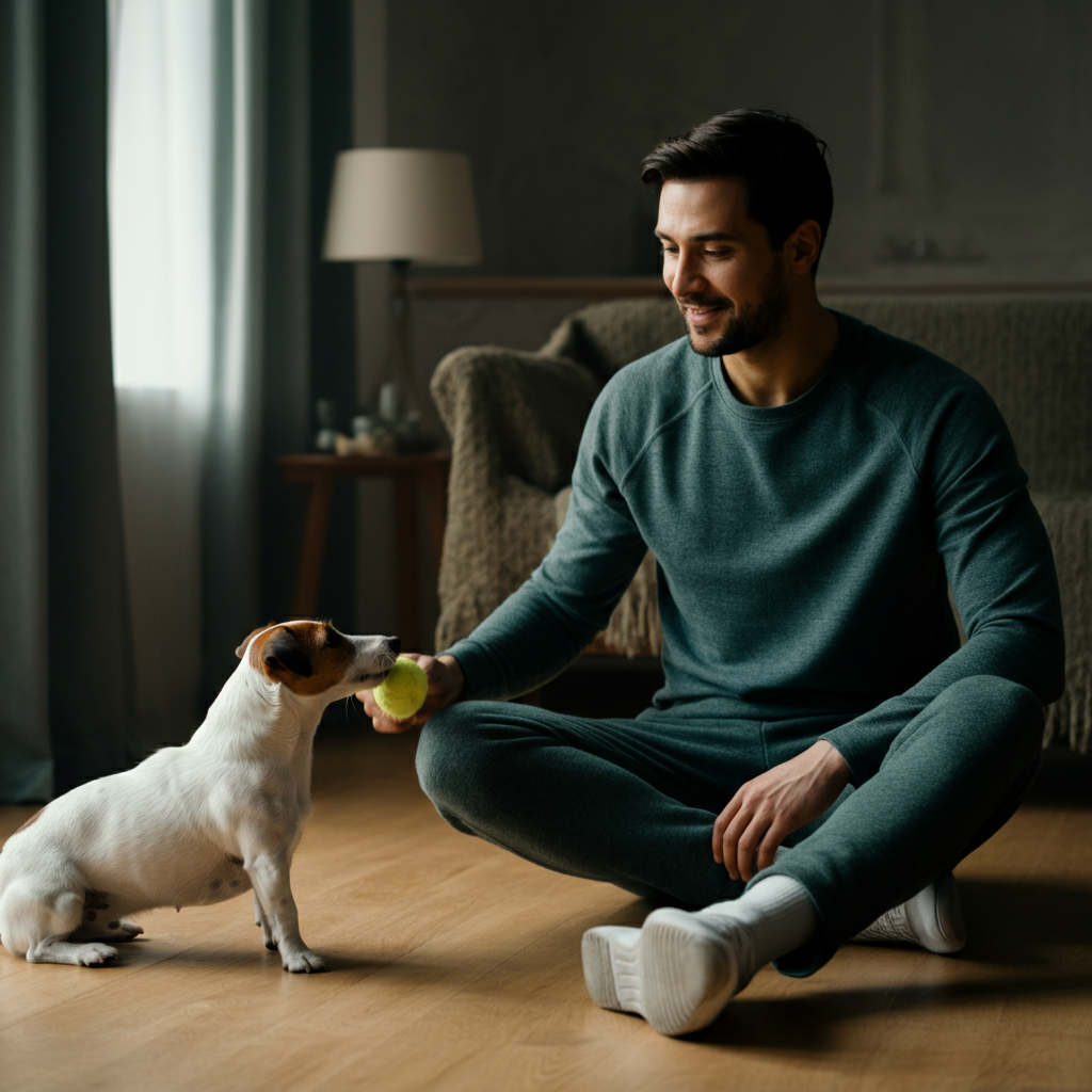 A man in his late 20s is sitting on the floor, playing fetch with a Jack Russell Terrier. They are both smiling and engaged in the game. The room is filled with natural light.