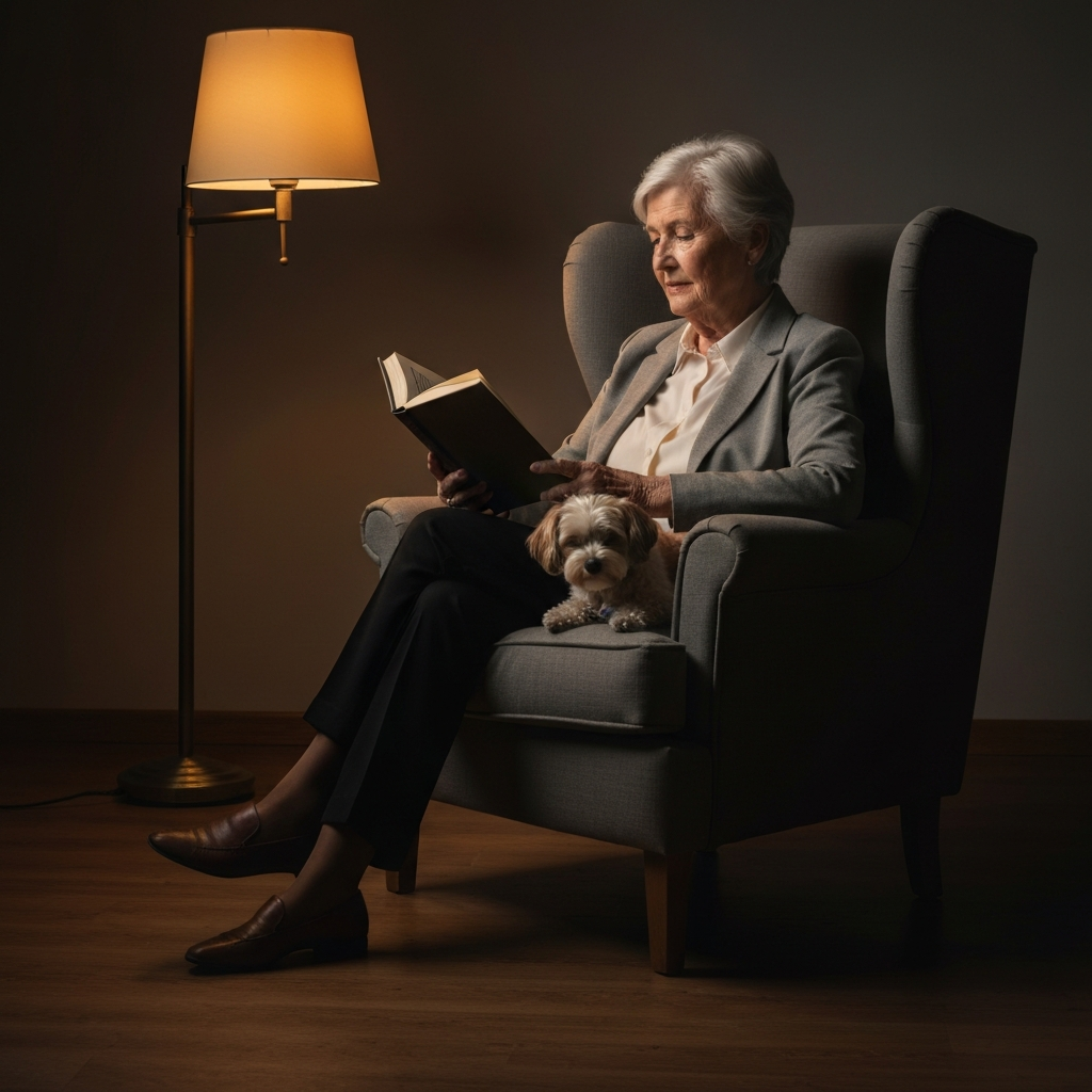 An elderly woman is sitting in a comfortable armchair, reading a book. A small, fluffy dog is curled up asleep on her lap. The scene is lit by a warm lamp, creating a cozy and peaceful atmosphere.