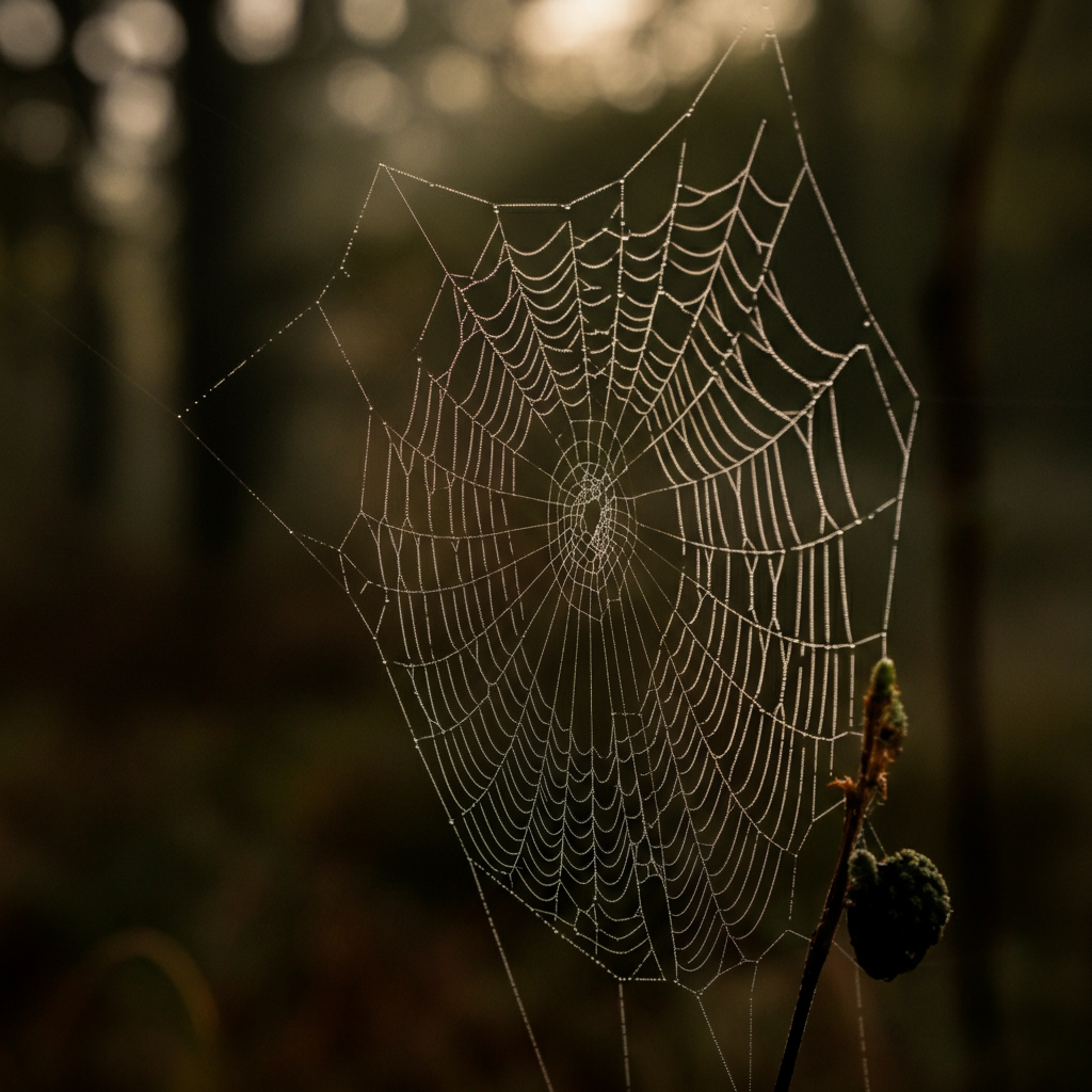 A close-up shot of a meticulously woven spiderweb glistening with morning dew, sunlight softly filtering through the trees in the background, creating a soft bokeh.