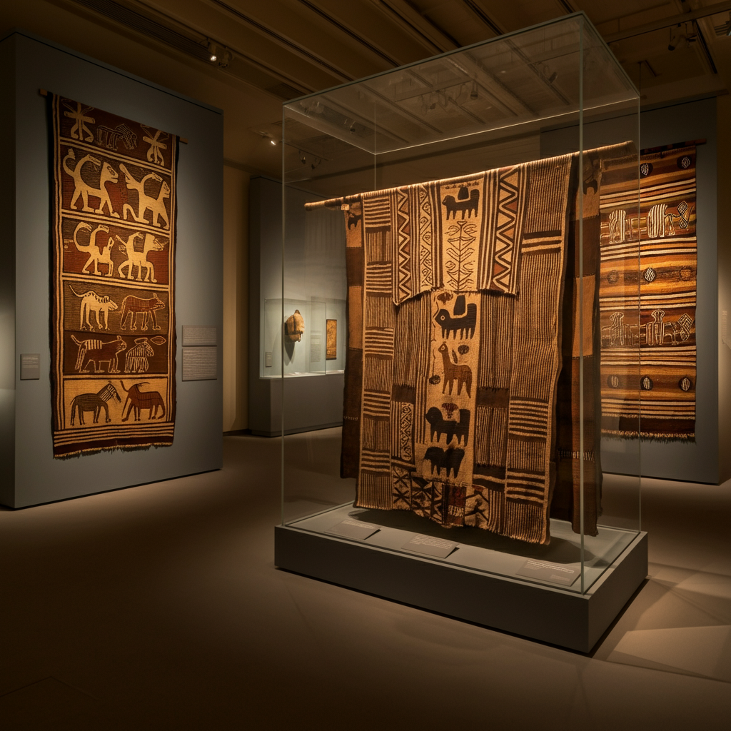 A wide shot of a museum exhibit displaying traditional Kuba textiles with geometric patterns and stylized representations of animals, warm overhead lighting creating rich shadows and emphasizing the textures.