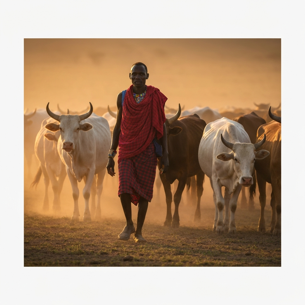 A medium shot of a Maasai herder in traditional red shuka, standing among his cattle on the plains of the Serengeti, golden hour lighting casting long shadows and highlighting the dust kicked up by the animals.