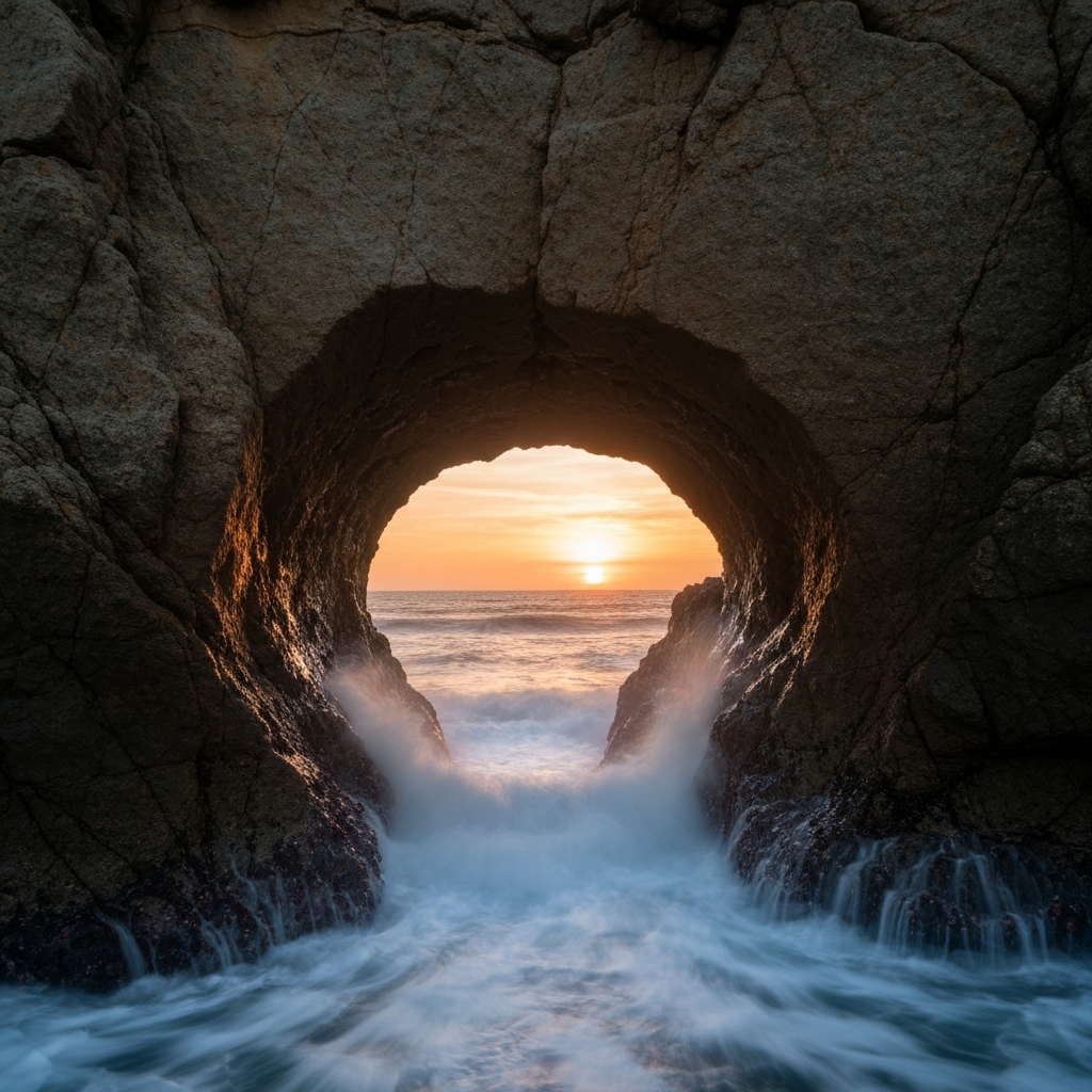 A long exposure shot of the Izi Khaleni rock formation at sunset, waves crashing through the hole, creating a misty spray, and the warm colors of the setting sun reflecting off the wet rocks.