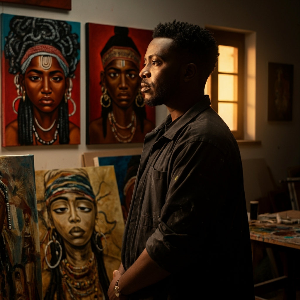 An artist's studio with paintings depicting Yoruba deities and symbols, natural light streaming through a window, illuminating the vibrant colors and intricate details of the artwork.