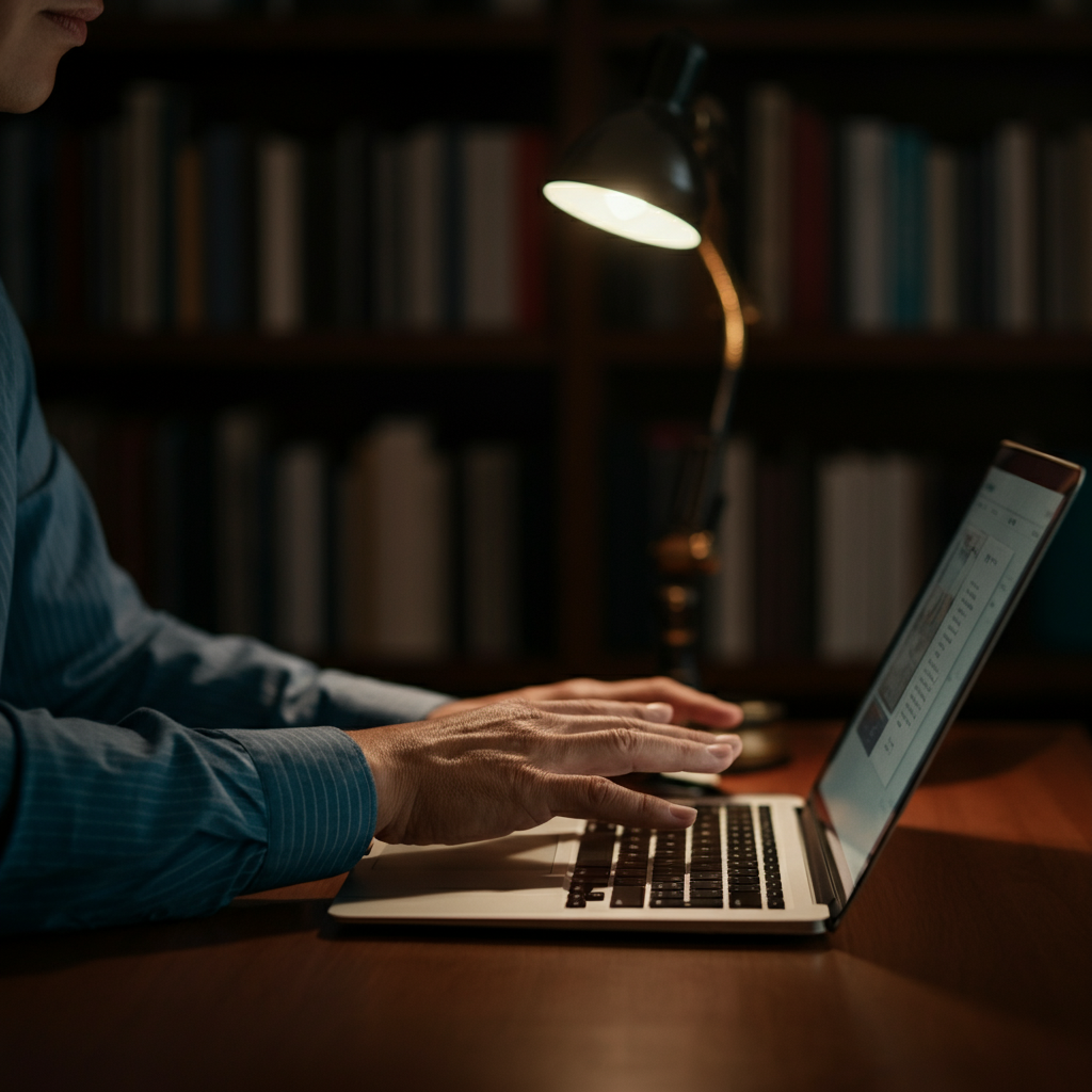 A warmly lit study with a laptop on a wooden desk. Soft bokeh of bookshelves in the background. A hand reaches out to click the laptop's trackpad.