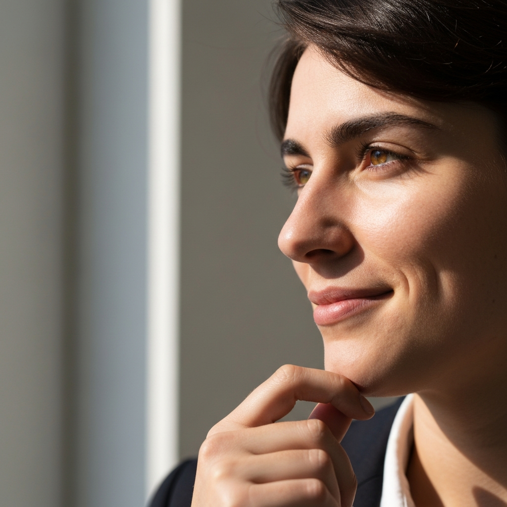Close-up of a person's face, side-lit with natural light. They have a slight smile and thoughtful expression, as if carefully considering a decision.