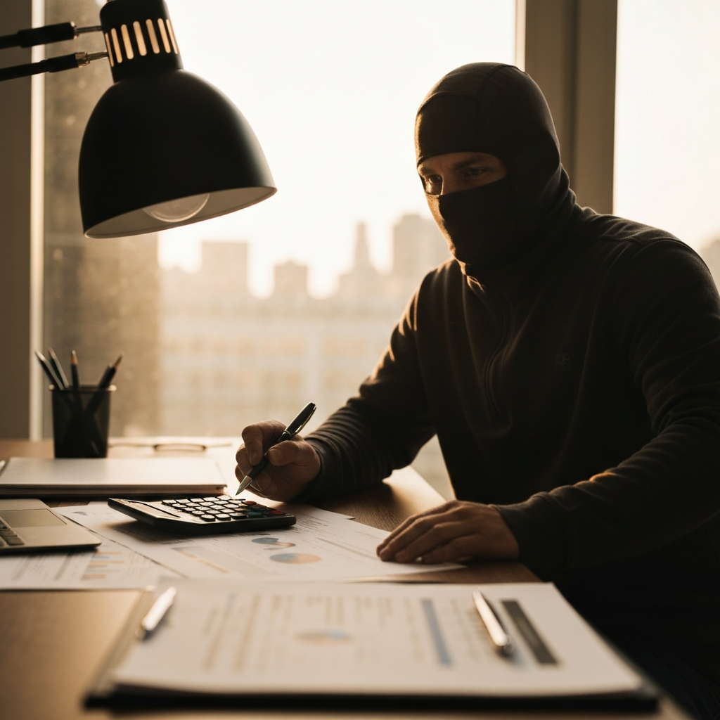 A professional desk with papers and a calculator. Soft overhead lighting. A hand holds a pen, hovering over the papers.