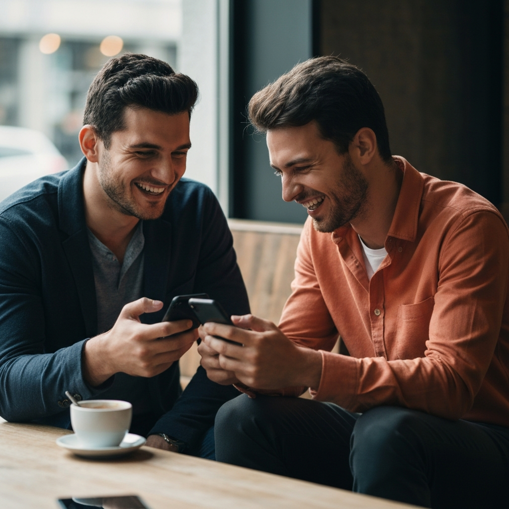 Two friends sitting at a coffee shop, laughing and looking at their phones. Natural window light creates soft shadows. They are fully and professionally dressed.