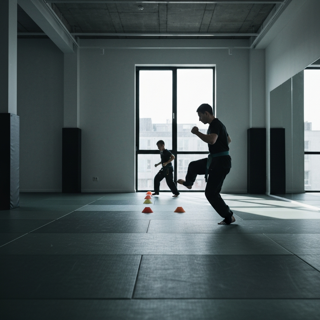 A martial arts studio, slightly out of focus in the background. A smaller figure in training gear practices footwork drills on a padded mat, moving fluidly between cones. Side-lit textures on the mat show wear.