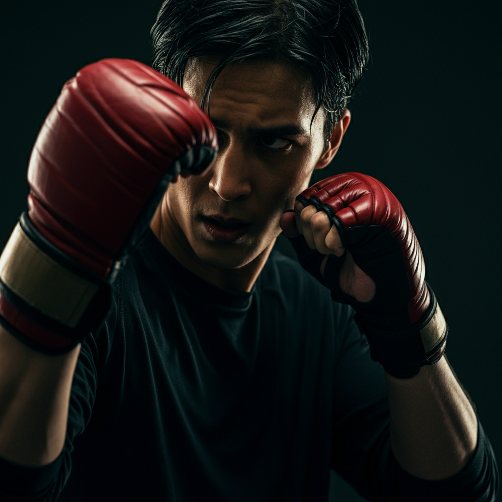 Close-up of a person's face and upper torso in a boxing stance. Hands are raised defensively near the cheeks. Soft focus highlights the determined expression.