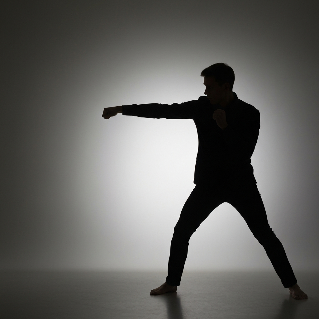 A person demonstrating a punch-slipping technique. The movement is fluid and controlled, the person's head moving slightly off the center line. Backlit silhouette against a neutral grey background.